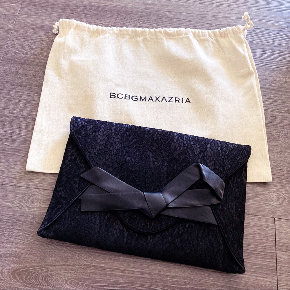 bcbgmaxazria black bow lace envelope clutch